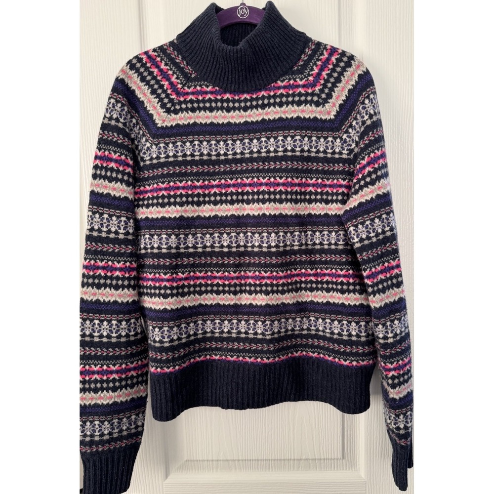 J. Crew cropped wool turtleneck sweater blue pink gray fair isle fisherman SZ M